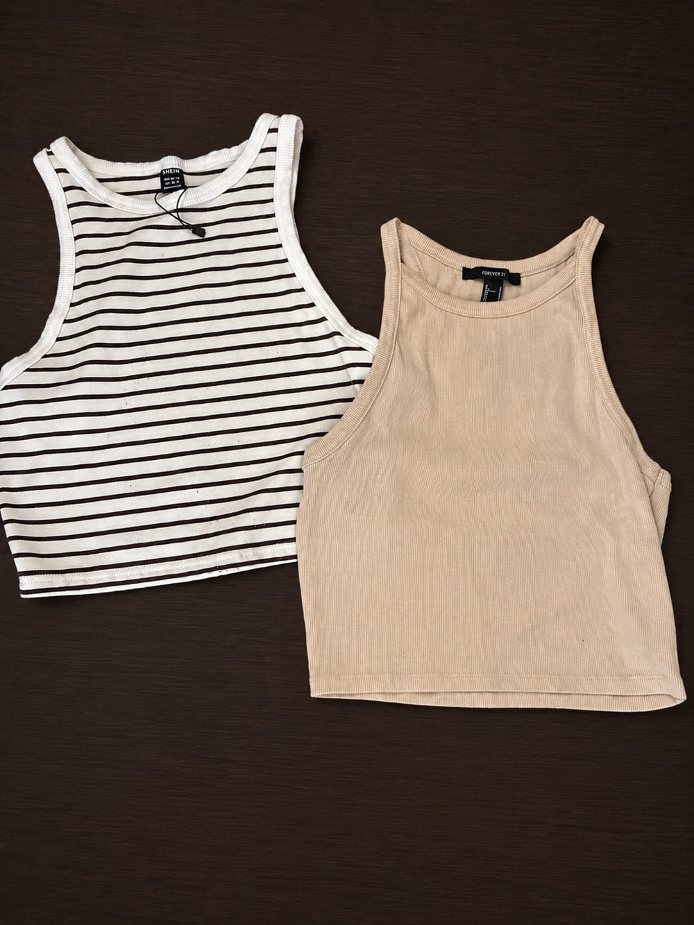 Forever 21 Beige Cropped Ribbed Tank with Black-and-White Striped Crop